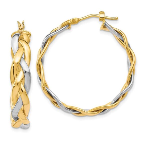 5mm Polished Braided Round Hoop Earrings in 10k Two Tone Gold, 30mm - Picture 1 of 5